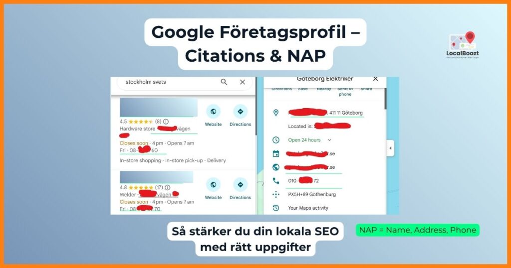 Exempel på Google Maps-profiler med adress, telefon och webbsida.