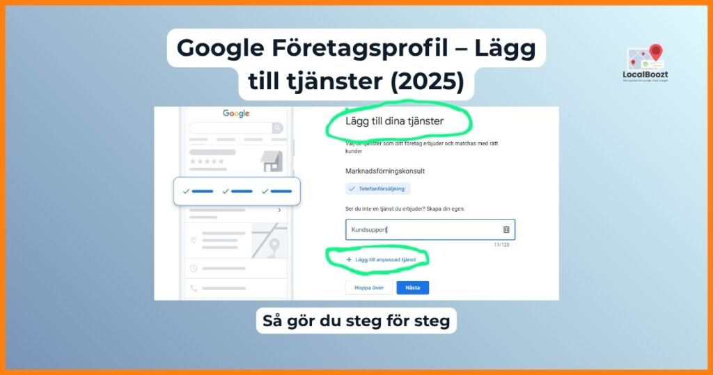 Exempel på hur tjänster läggs till i Google Företagsprofil.